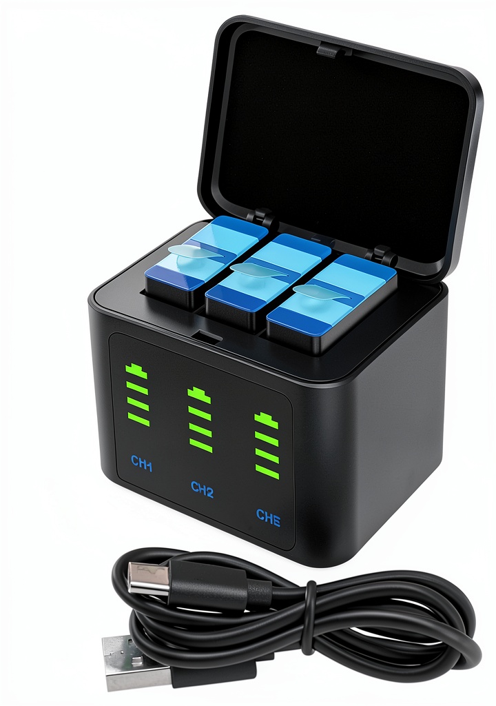 Installing GoPro Hero 12 Battery Charger by Fancy Buying on a wooden desk
